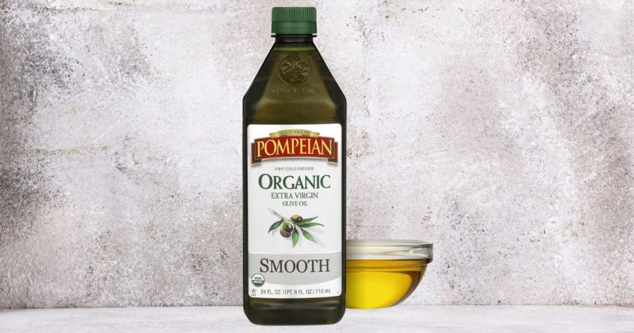 Pompeian Organic Smooth Extra Virgin Olive Oil 24oz bottle on counter
