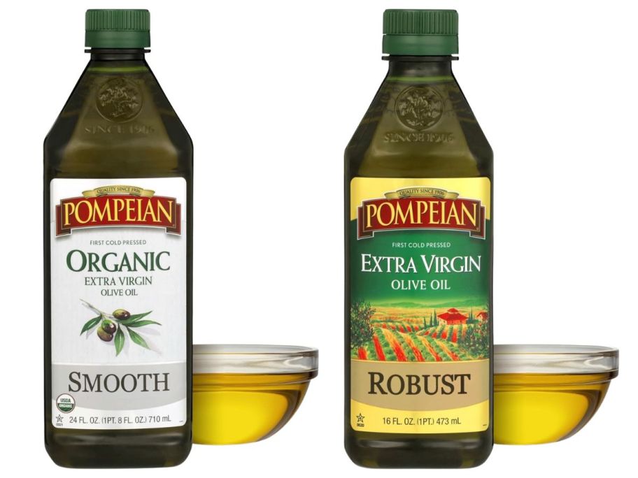 two pompeian olive oil bottles