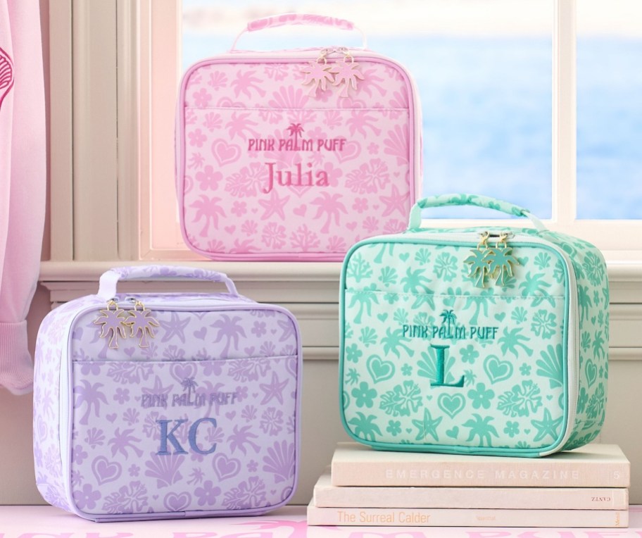 pink palm puff lunchbox in pink purple and green