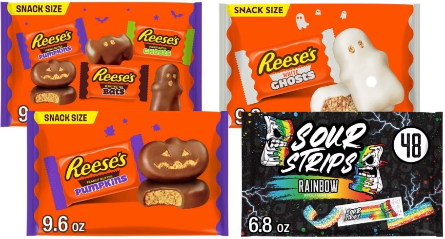 reeses pumpkins, assorted shapes, ghosts, and sour strips