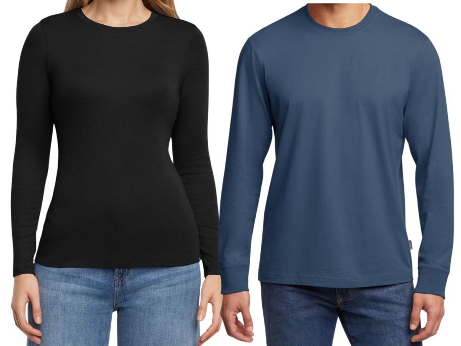 a woman and a man wearing eddie bauer shirts