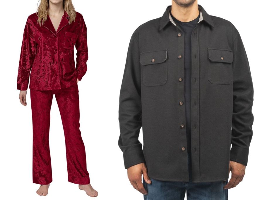 woman wearing pajama set and a man wearing an overshirt