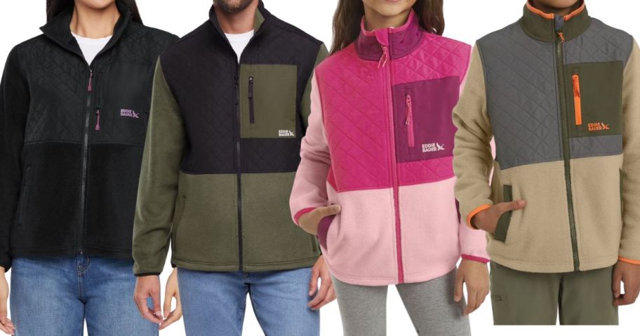 a man, woman, and kids wearing eddie bauer jackets