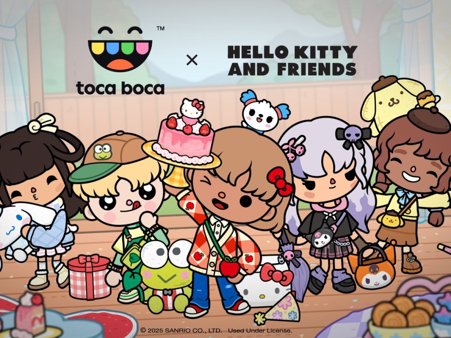 5 animated Hello Kitty characters under Toca Boca and Hello Kitty logos