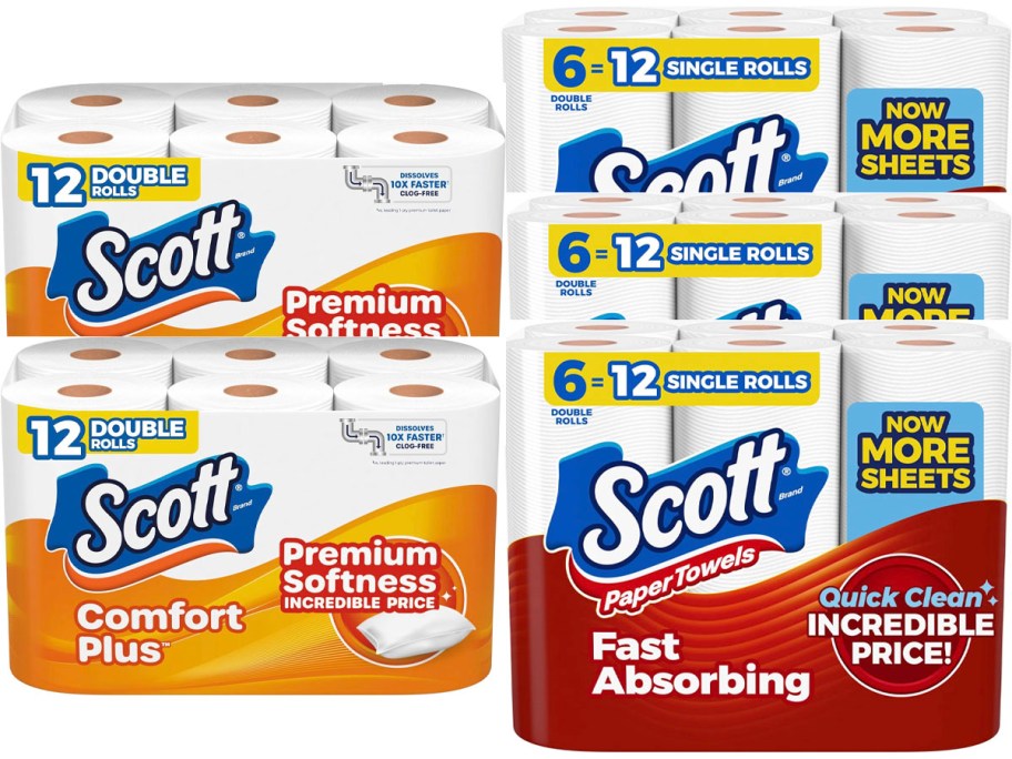 two bags of scott bath tissue and three bags of scott paper towels