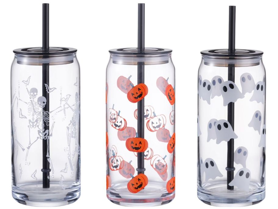 three halloween glass sippers