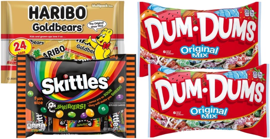 skittles, haribo bears, and 2 bags of dum-dumd