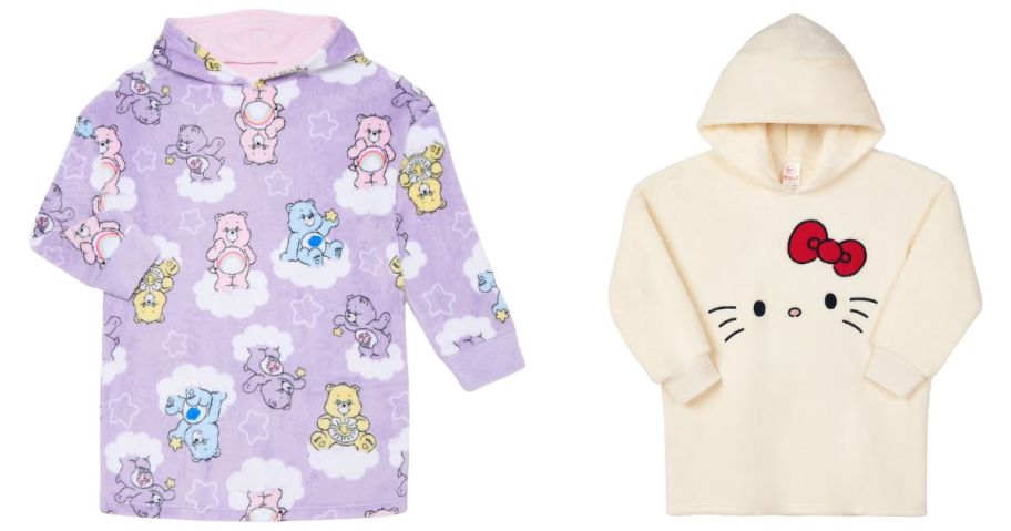 a care bears and hello kitty hooded blanket