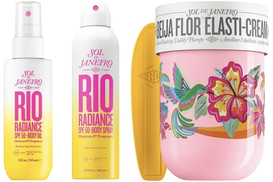 three sol de janeiro sprays and creams, and sunday riley serum