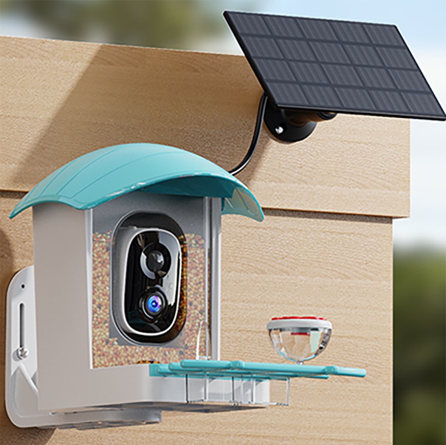solar powered bird feeder on the side of a house