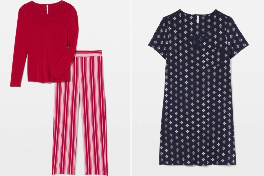 a pajama set and night shirt