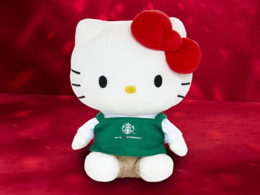 a Hello Kitty plush with a Starbucks apron on