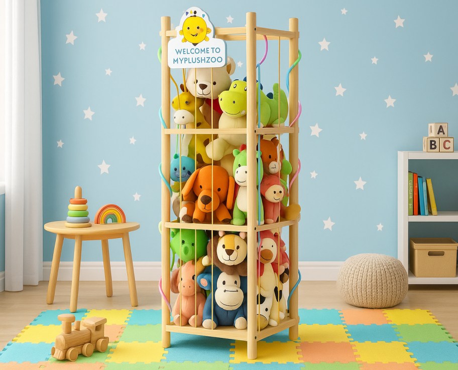 stuffed animal organizer in a play room