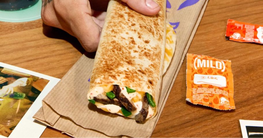 hand holding Steak & Poblano Rolled Quesadilla