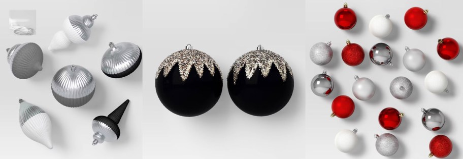 silver, black, and red christmas ornaments 