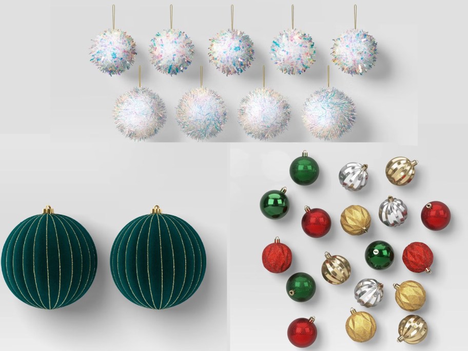 white pom pom, green ball, and red/gold/green gold ornaments 