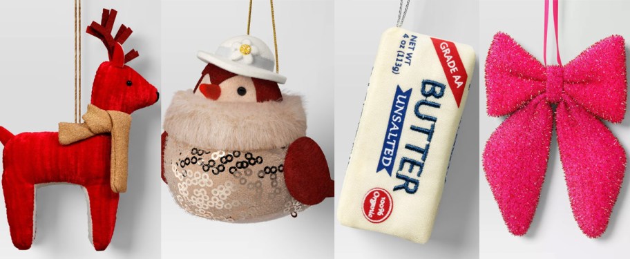 red reindeer, bird, butter, and pink bow ornaments 