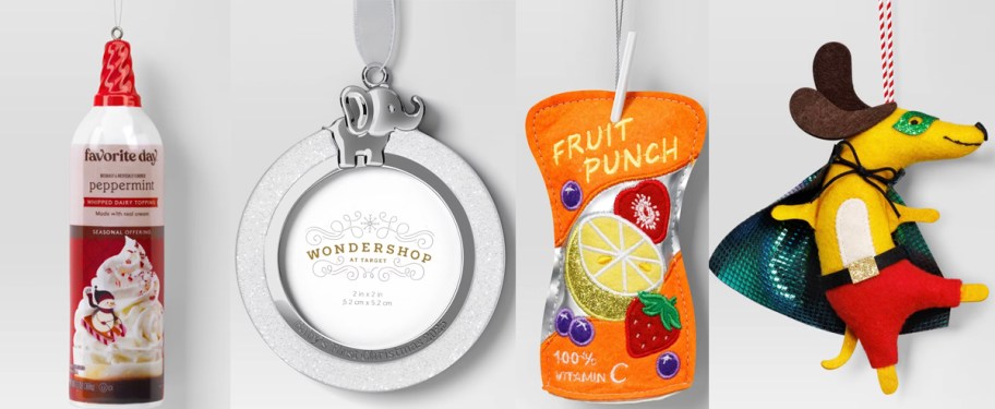 whipped cream, photo, fruit pouch, and dog christmas ornaments 