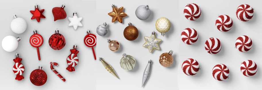 red, white, gold, and candy cane christmas ornaments 