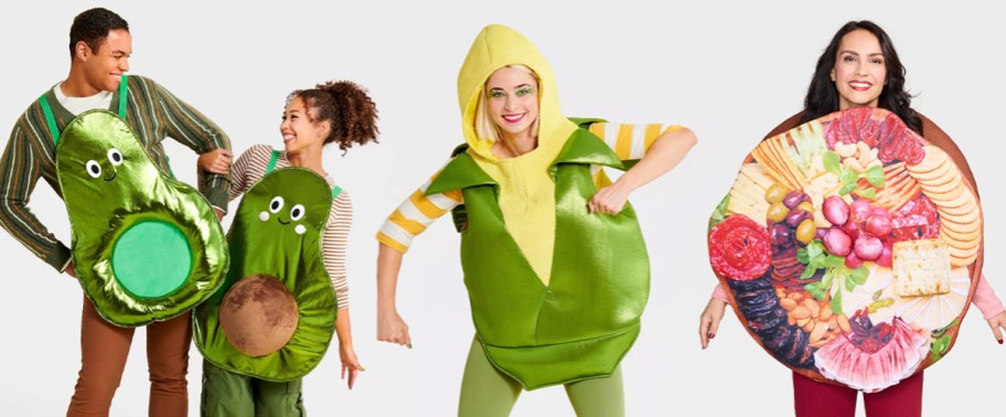 people wearing avocado, corn, and charcuterie board costumes