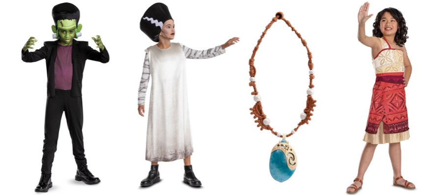 kids wearing frankenstein, bride and moana costumes