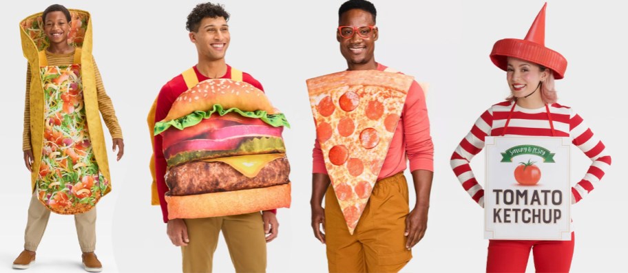 people wearing taco, burger, pizza, and ketchup costumes