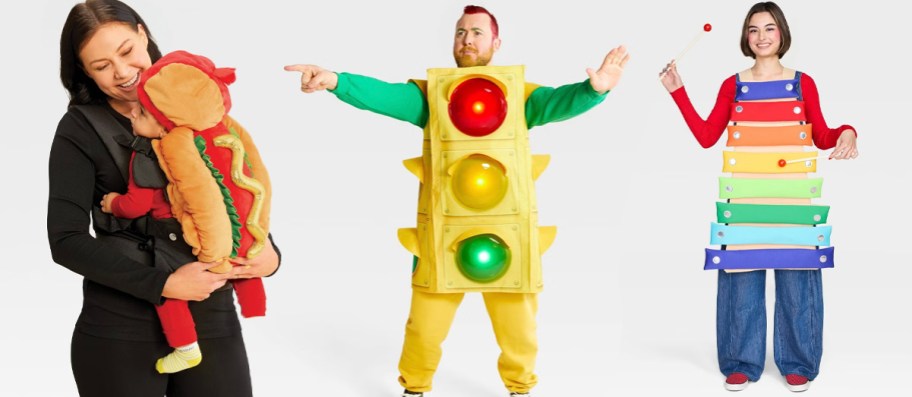 people wearing hot dog, traffic light, and xylophone costumes