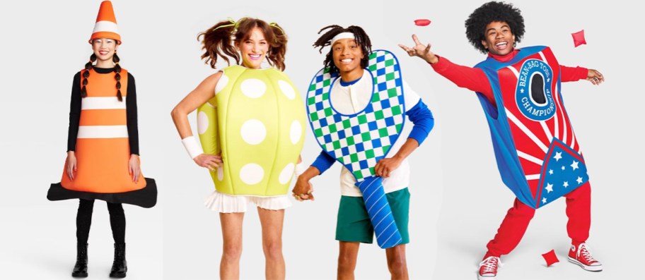 people wearing traffic cone, pickleball, and cornhole costumes