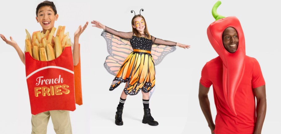 french fry, butterfly, and chili costumes