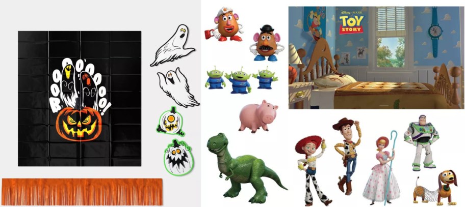 A collage featuring a spooky Halloween trunk-or-treat decorating kit with ghosts and a carved pumpkin on the left, alongside various Toy Story character figures and a bedroom scene on the right.