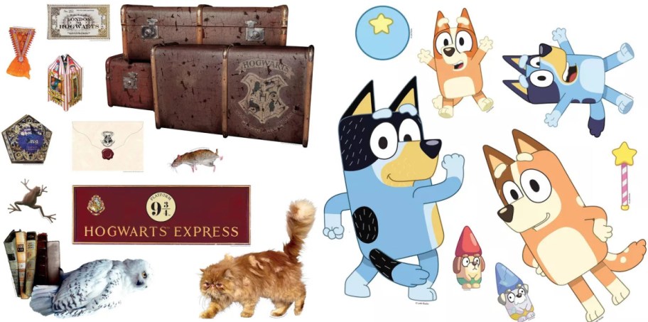 A collage featuring Harry Potter-themed items like Hogwarts luggage, a Platform 9 3/4 sign, an owl, and a cat on the left, alongside Bluey and Bingo character illustrations on the right.
