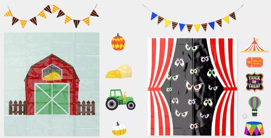 Two themed trunk-or-treat decorating kits featuring a farm scene with a red barn on the left and a circus tent scene with spooky eyes on the right, complete with matching banners and cutouts.