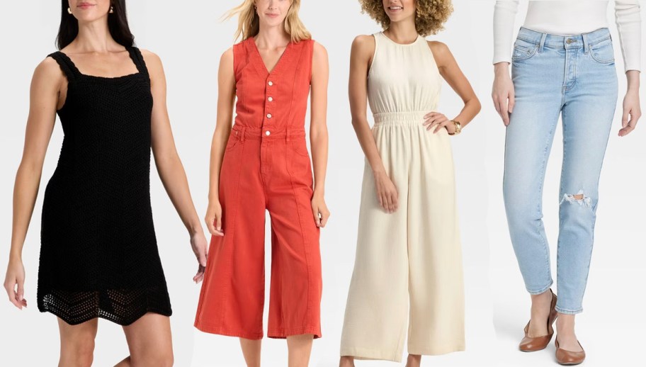 women wearing black dress, white and orange jumpsuit and blue jeans