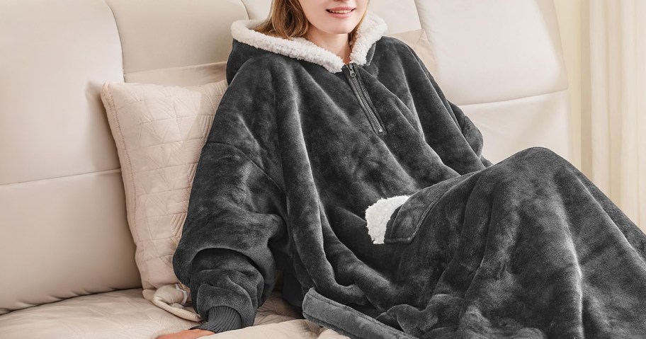 woman wearing grey blanket hoodie