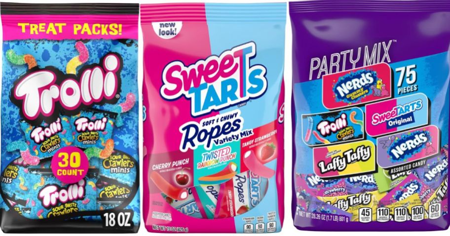 Trolli Mini Sour Brite Crawlers Candy 30-Count, SweeTARTS Ropes Variety Mix Candy 15oz, and SweeTARTS Variety Party Mix 75-Count