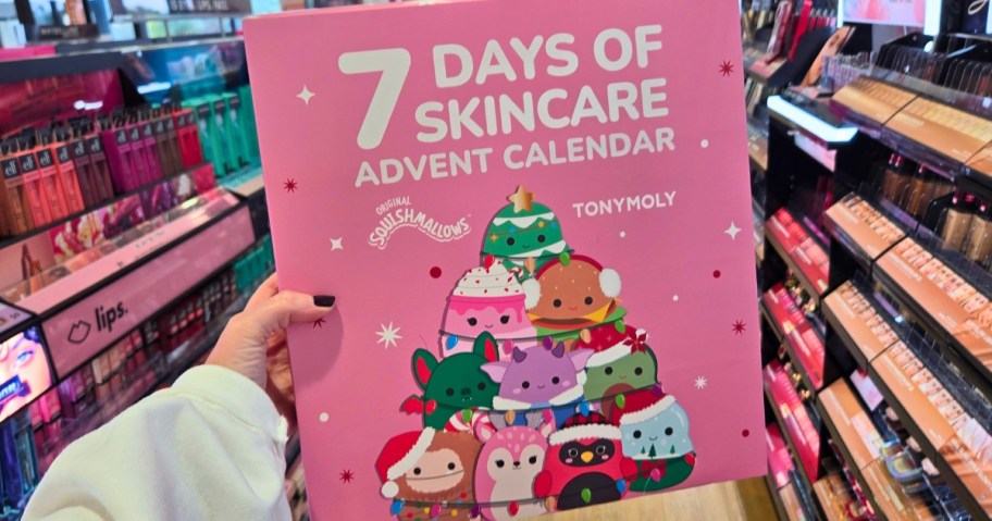 hand holding a Tony Moly 7 days of skincare Squishmallows set