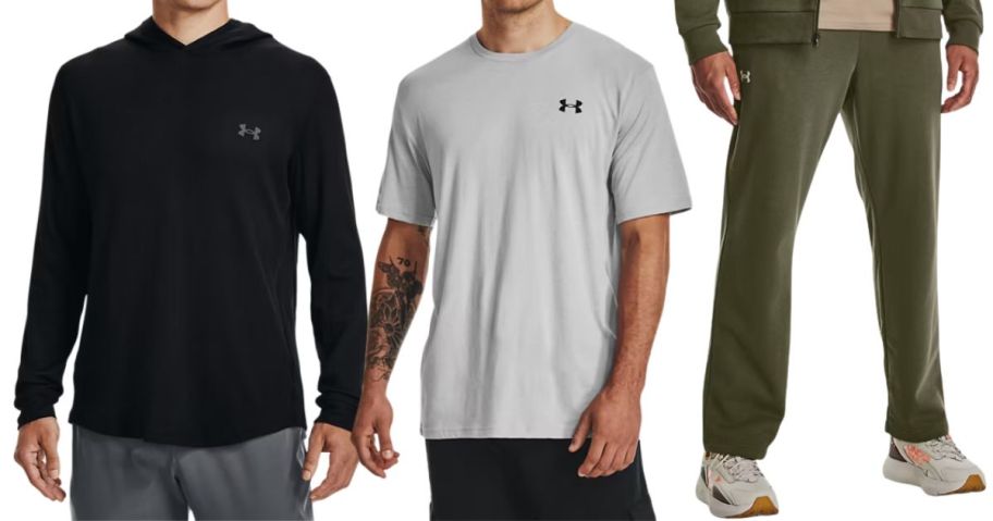 three men wearing under armour clothing