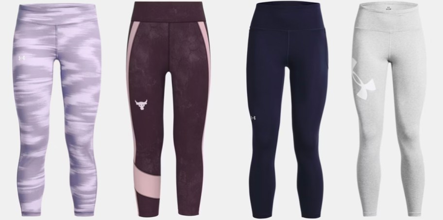 two pairs of purple leggings, and black and gray leggings