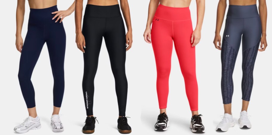 women wearing two black, red, and gray leggings