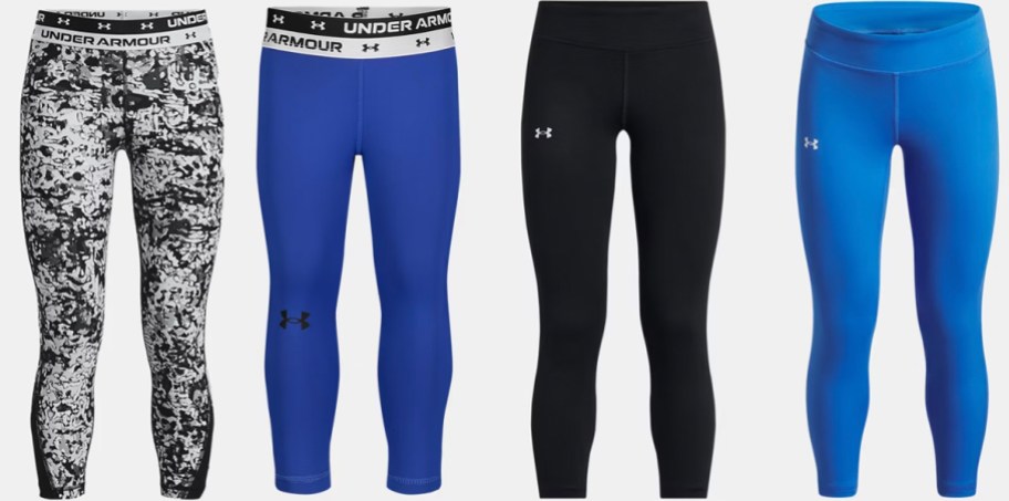 four pairs of under armour leggings two in black and two in blue
