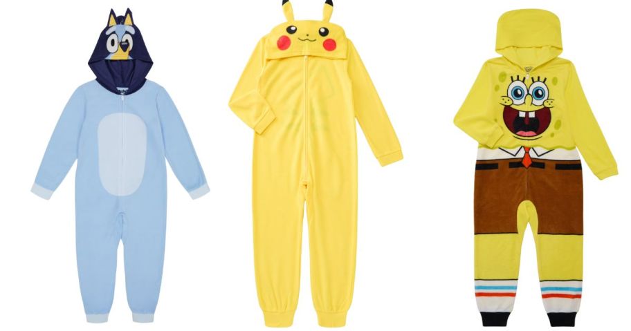 a bluey, pokemon, and spongebob union suit