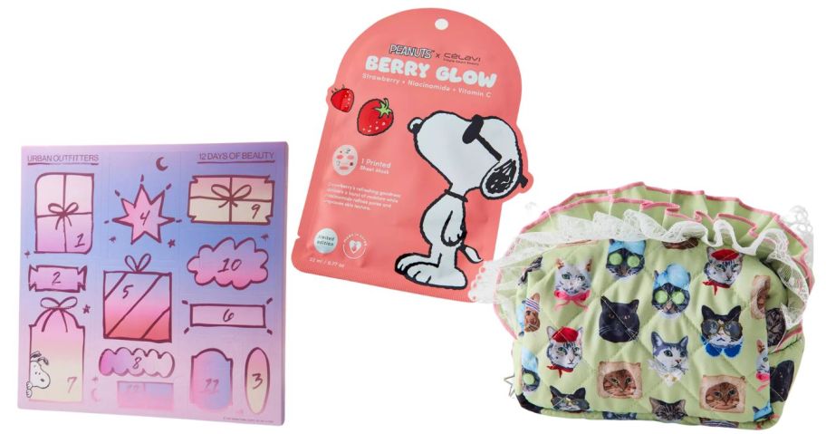 advent calendar, sheet mask, and makeup bag