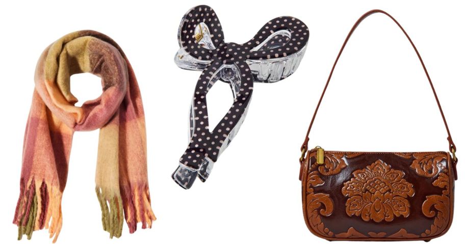 scarf, hair clip, and bag
