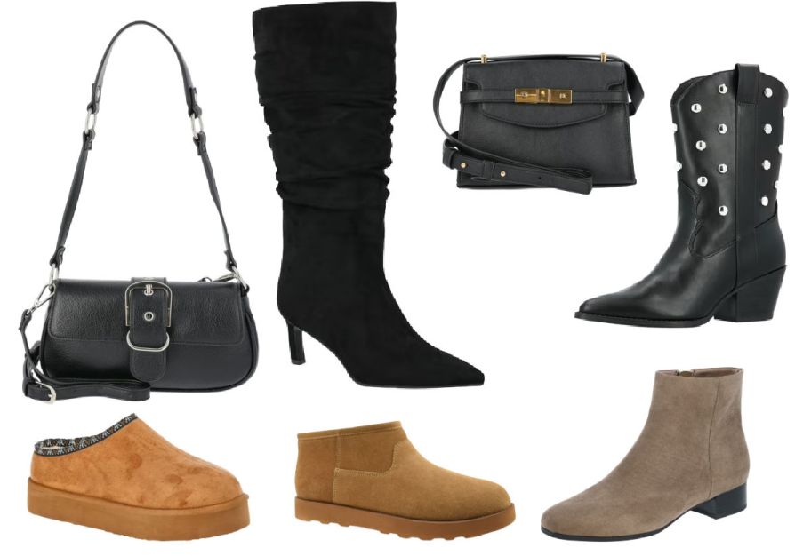 7 shoes and handbags on a white background