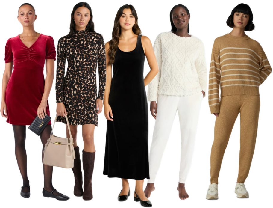 5 women wearing dresses and outfits on a white background