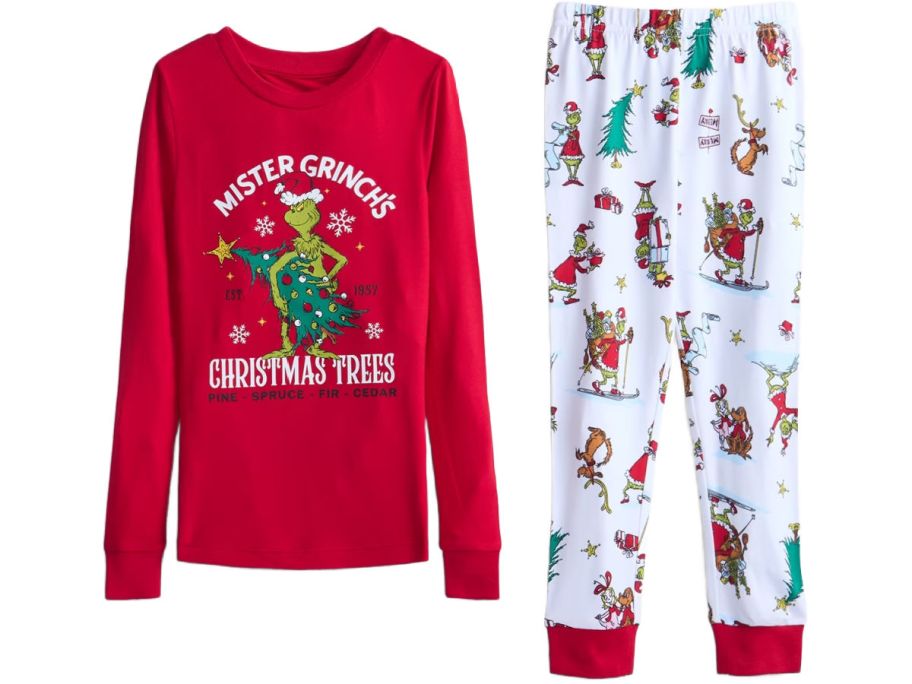 ed pajama shirt next to white pajama pants with Grinch pattern
