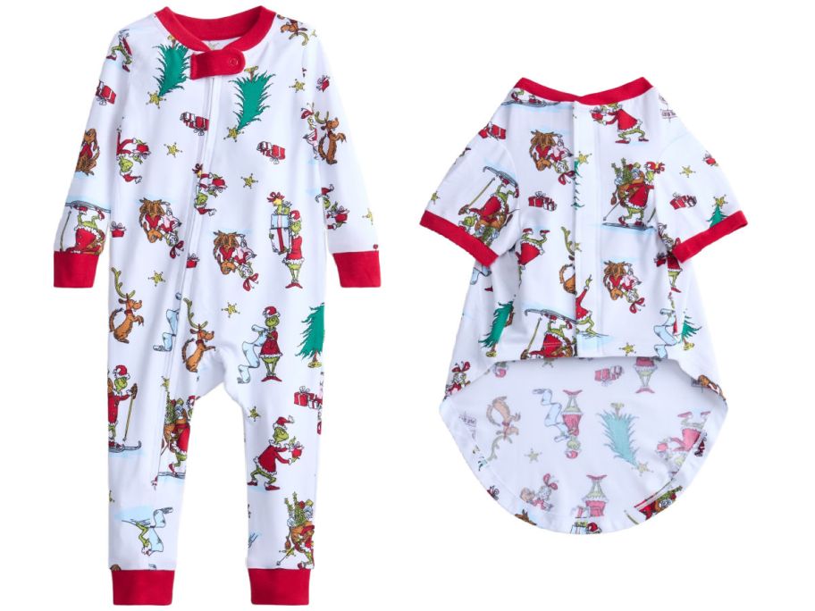 baby pajamas pet pajamas with a grinch pattern on a white background
