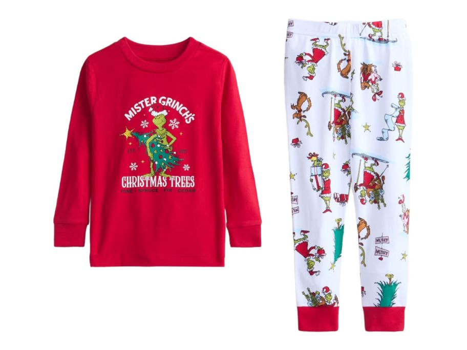 red pajama shirt next to white pajama pants with Grinch pattern