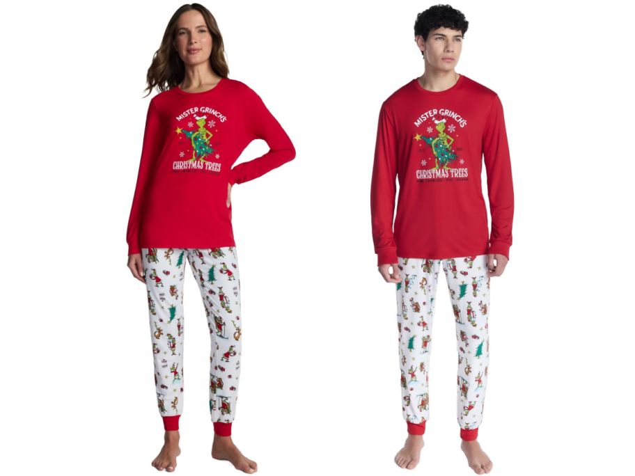 woman and man in Christmas pajamas on a white background
