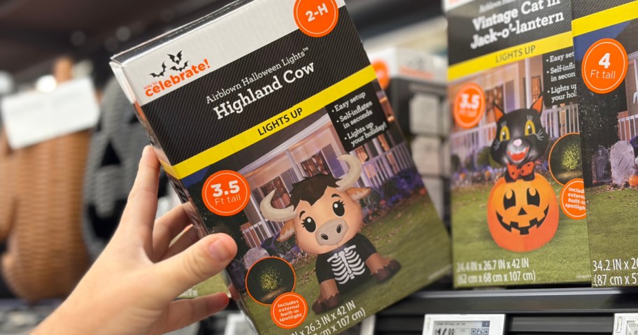 A person holding a Way to Celebrate Halloween inflatable box featuring a Highland Cow in a skeleton costume.